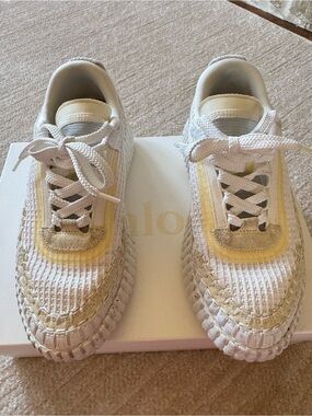 Chloé Nama stitch walking sneakers.  White and Tan Leather Insole